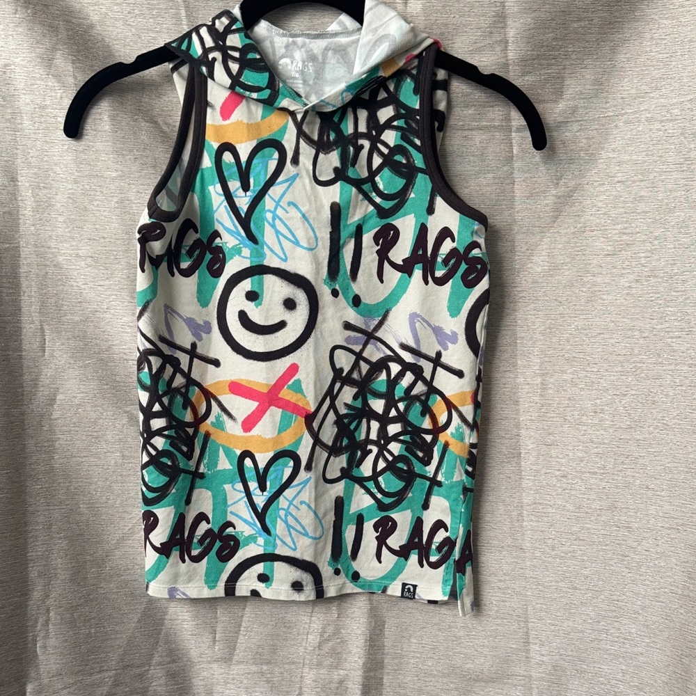 Rags Kids Graffiti Print Hooded Tank Top - White/Teal